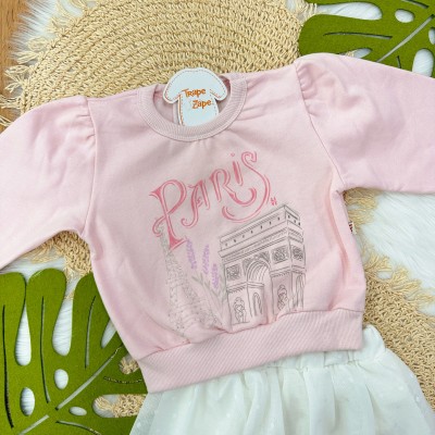 Conj. Blusão de Moletom Paris e Short Saia Tule com Mini-Losangolos - Rosa e Off White